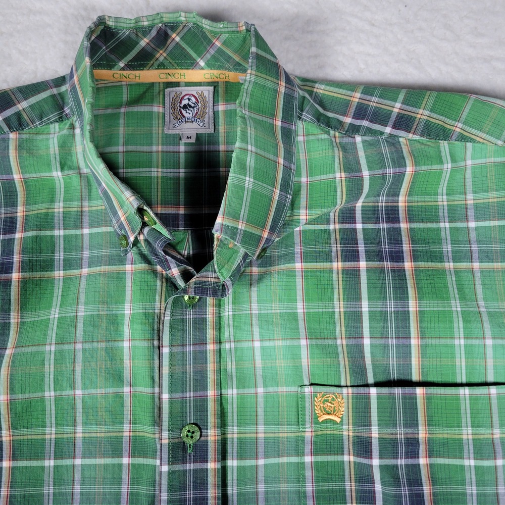 Cinch Button Down Shirt Mens Size Medium Green Plaid Long Sleeve Western Cotton